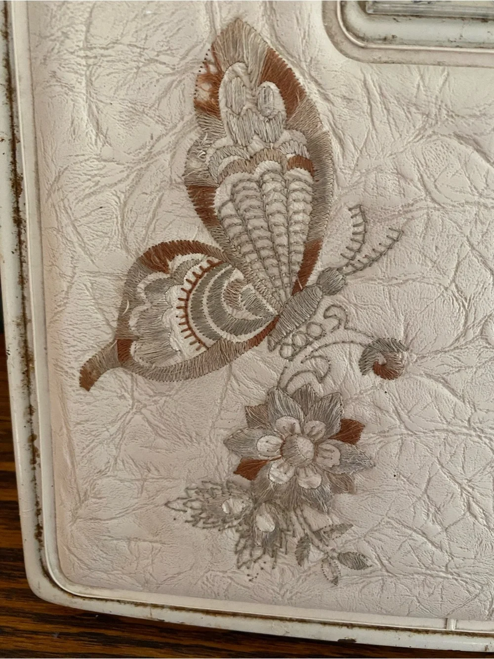 Vintage 1970s Boho Bathroom Scale Padded Top Embroidered Butterfly and Flowers